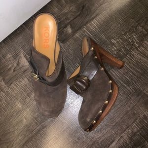 Brown suede clogs